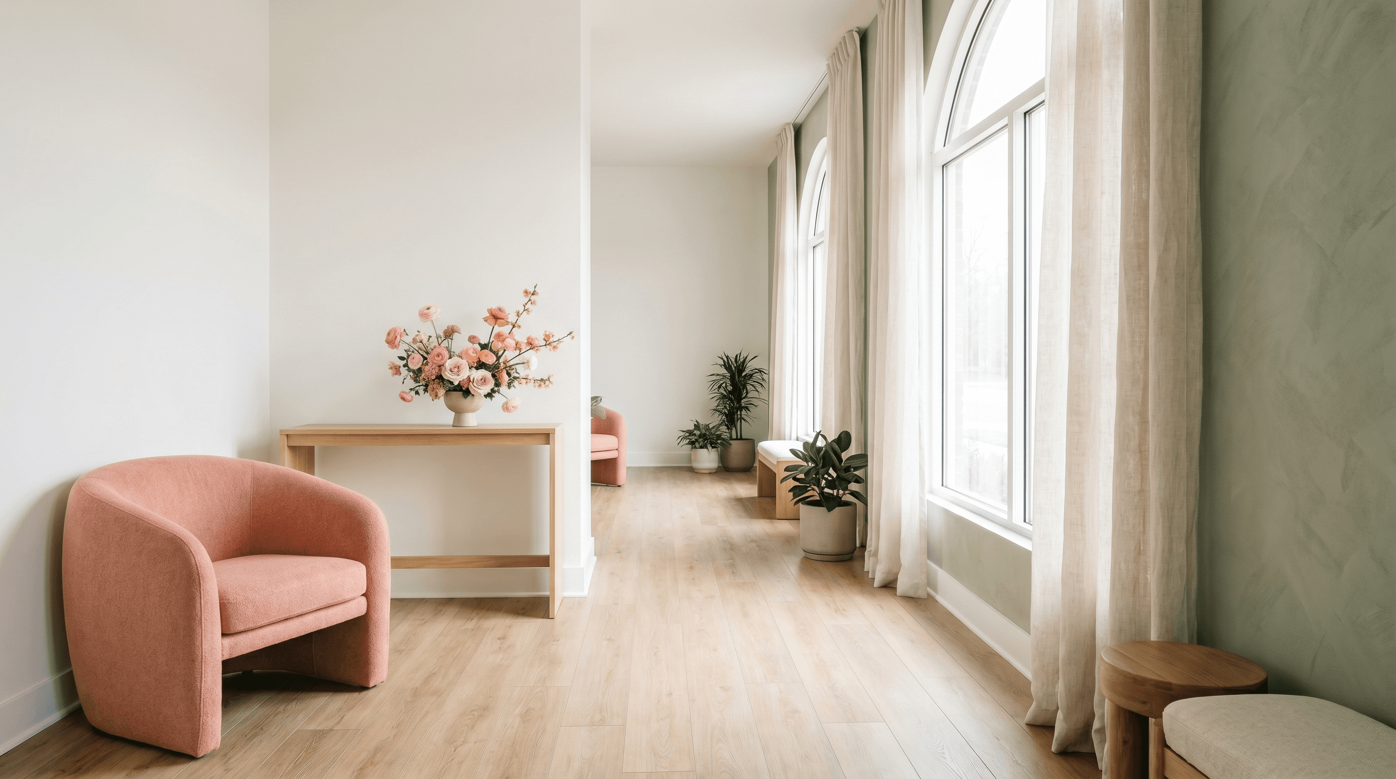The Sela Aesthetic Studio treatment space — bright airy room with sage and coral accents