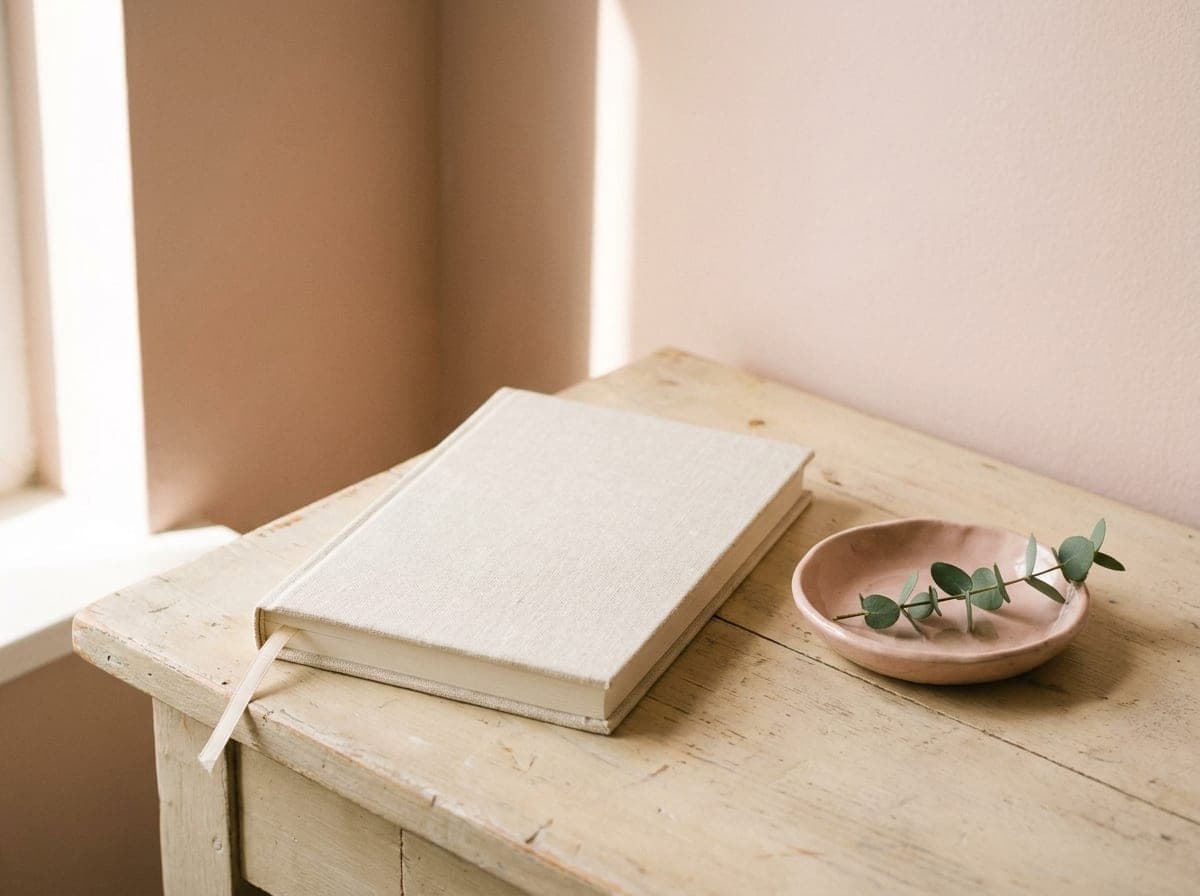 A linen membership notebook and eucalyptus sprig at Sela